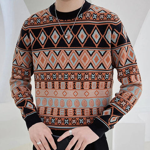 Ethnic Retro Contrast Print Sweater: Timeless Fall Elegance