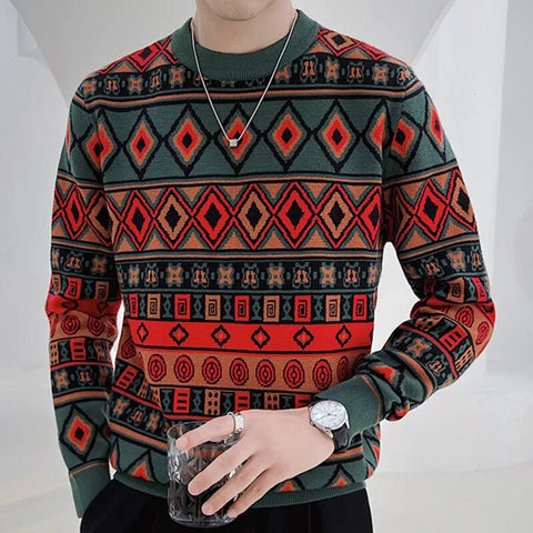 Ethnic Retro Contrast Print Sweater: Timeless Fall Elegance