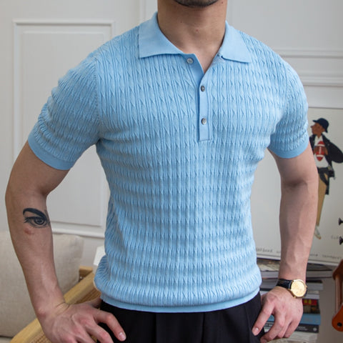 Blue Jacquard Lapel Short Sleeved Polo Shirt
